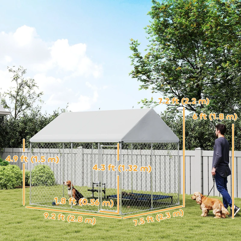 PawHut Heavy Duty Galvanized Steel Outdoor Dog Kennel with Waterproof Roof, Safety Lockable Latch System, 9.2' x 7.5' x 7.2'