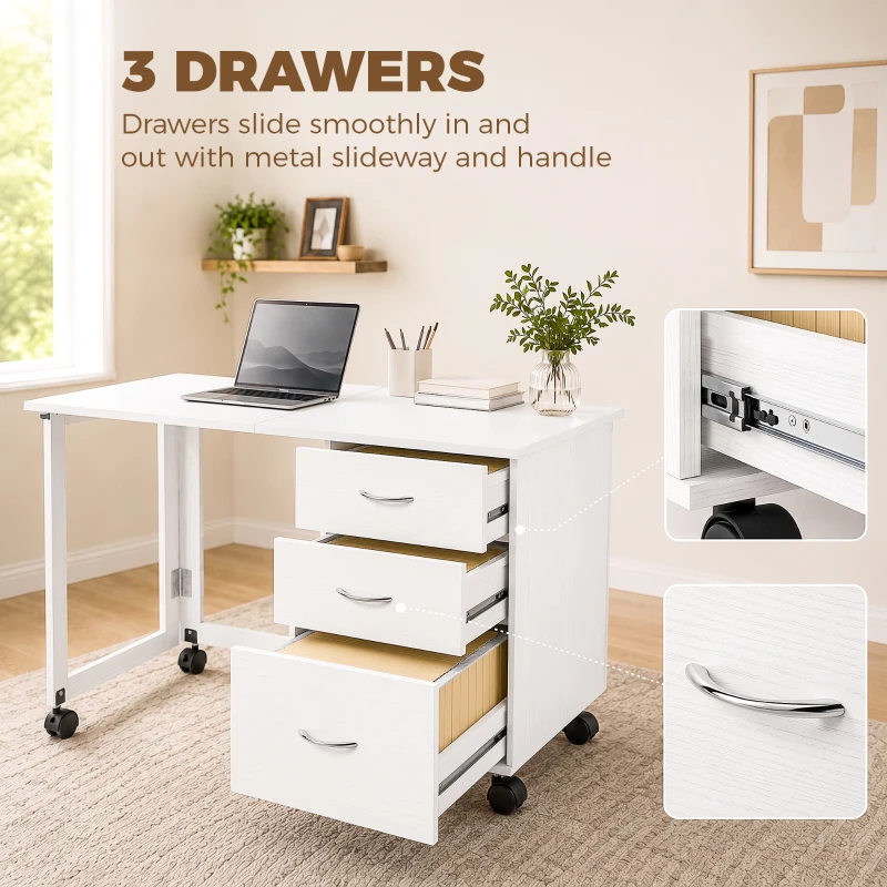 HOMCOM Computer Desk Foldable Top Office Desk 3 Drawers, 4 Lockable Wheels, White Wood Grain