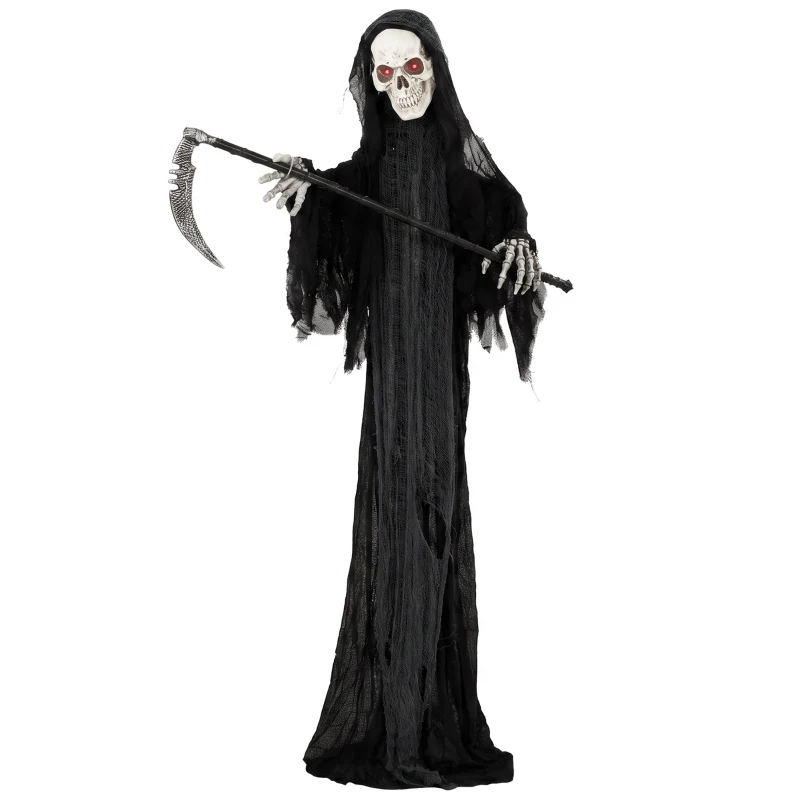 HOMCOM 6FT Life Size Halloween Animatronics, Animated Grim Reaper Halloween Decorations with Sound Touch Activated and LED Eyes