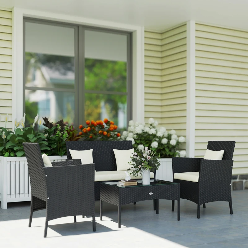 Outsunny 4-Piece Rattan Outdoor Furniture Set Patio Furniture Set with Coffee Table 22.8" W x 21.7" D x 33.5" H Black & Cream
