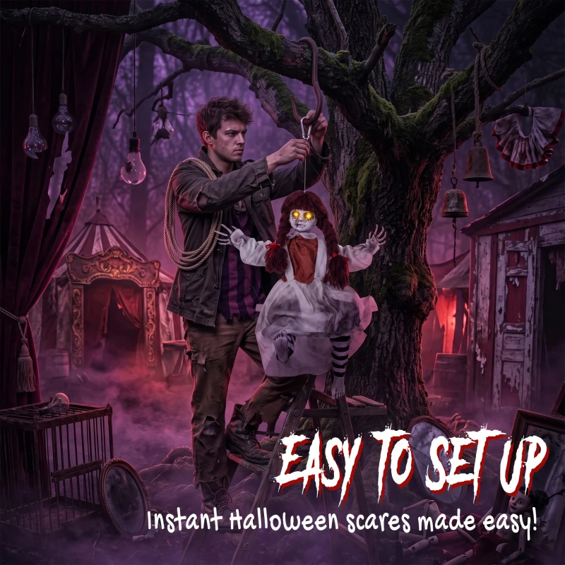 HOMCOM Halloween Animated Hanging Creepy Girl on Swing Decoration, Light-Up Eyes, Sound and Touch Activated