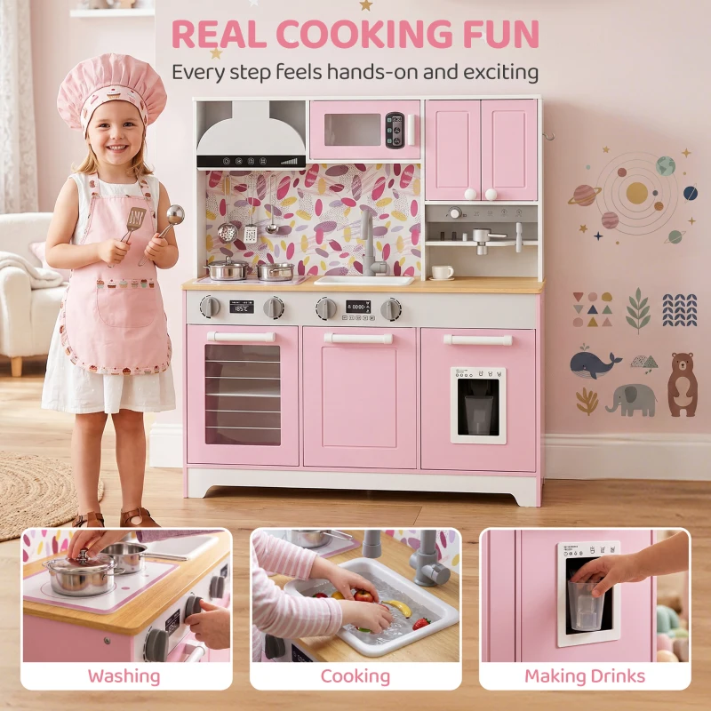 Qaba Play Kitchen, Kids Kitchen Playset with Coffee Maker, Ice Maker, Clicking Knobs, Storage, Accessories for 3-8 Years