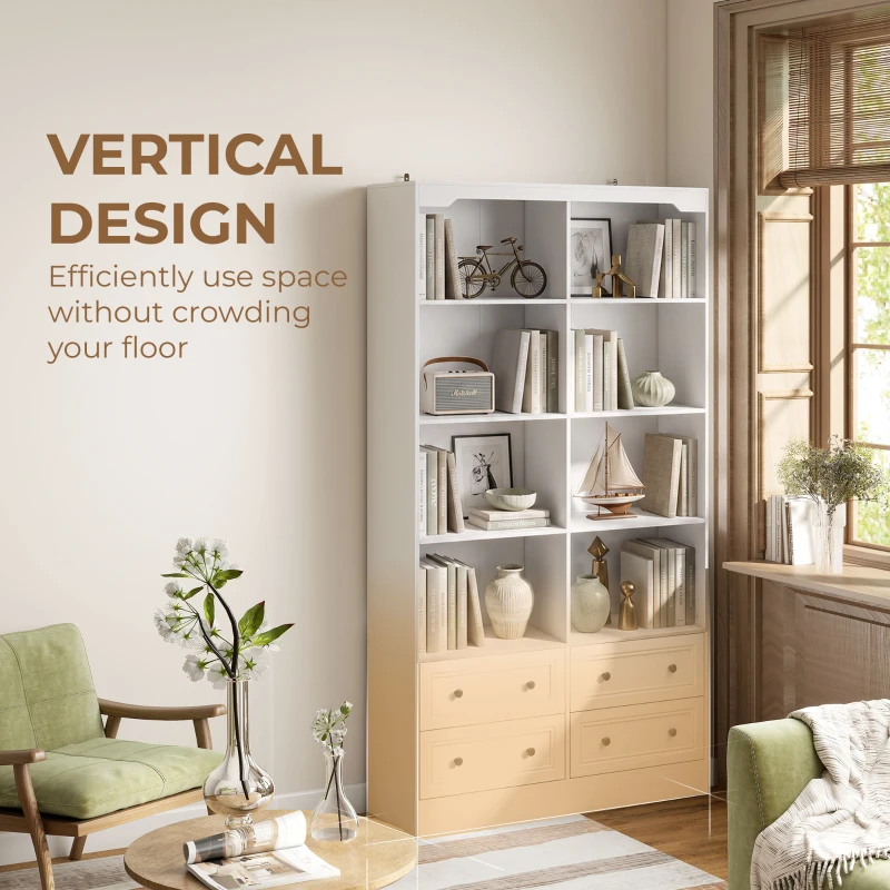 HOMCOM Bookshelf with 8 Cubbies and 4 Drawers, 5-Tier Double Wide Bookcase with Storage, Standing Book Cabinet, White