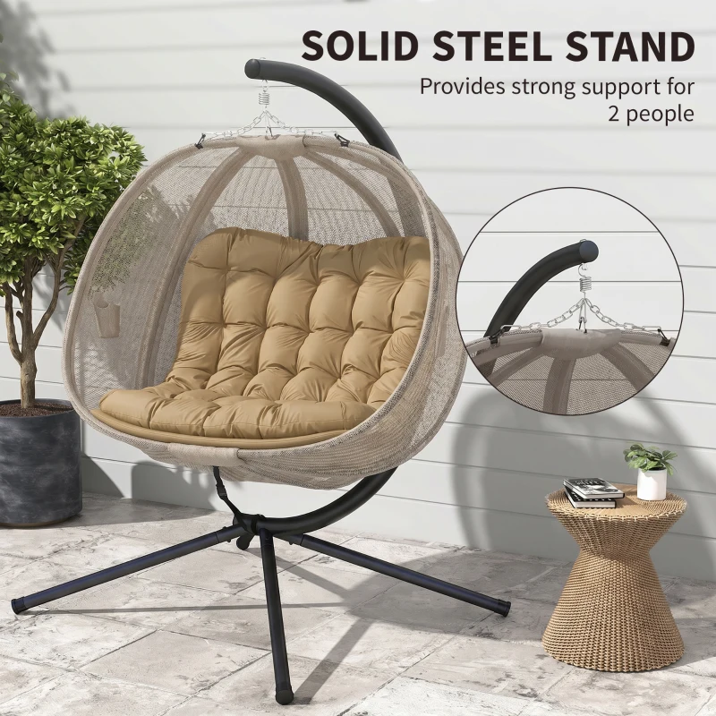 Outsunny Double Egg Chair with Stand, 2 Person Hanging Swing Egg Chair with Cushion, Pockets, Khaki