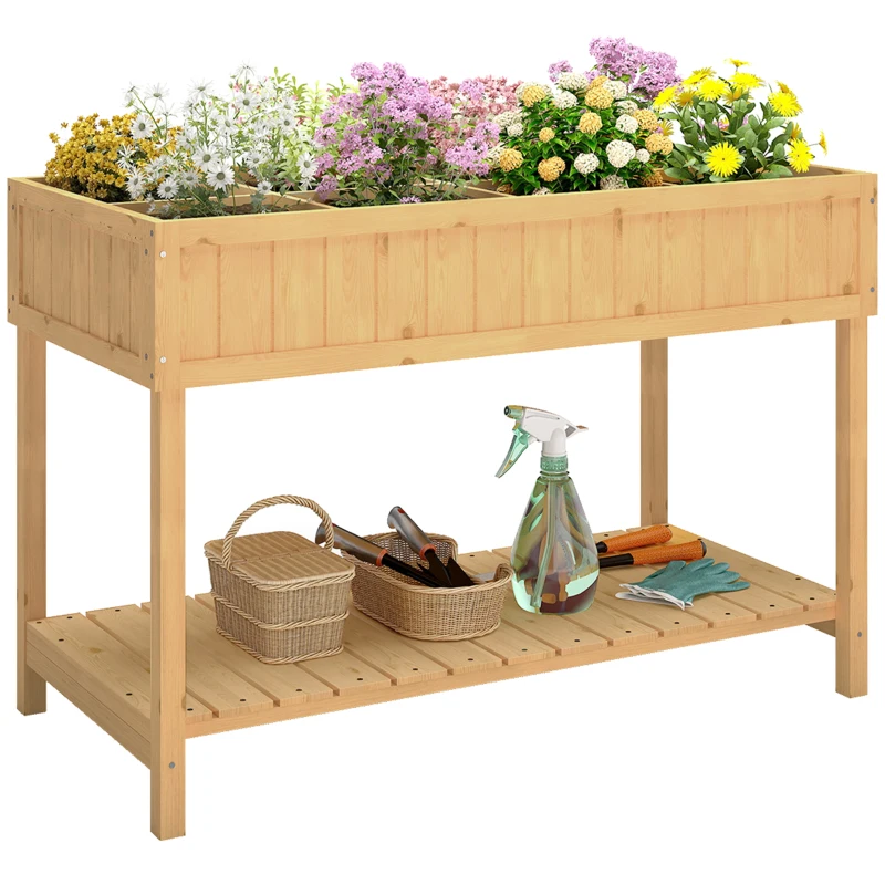 Outsunny 43.25" x 18" x 30" Raised Garden Bed, Wooden Plant Stand with 8 Grid Box, Storage Shelf for Outdoor, Natural Wood Colour