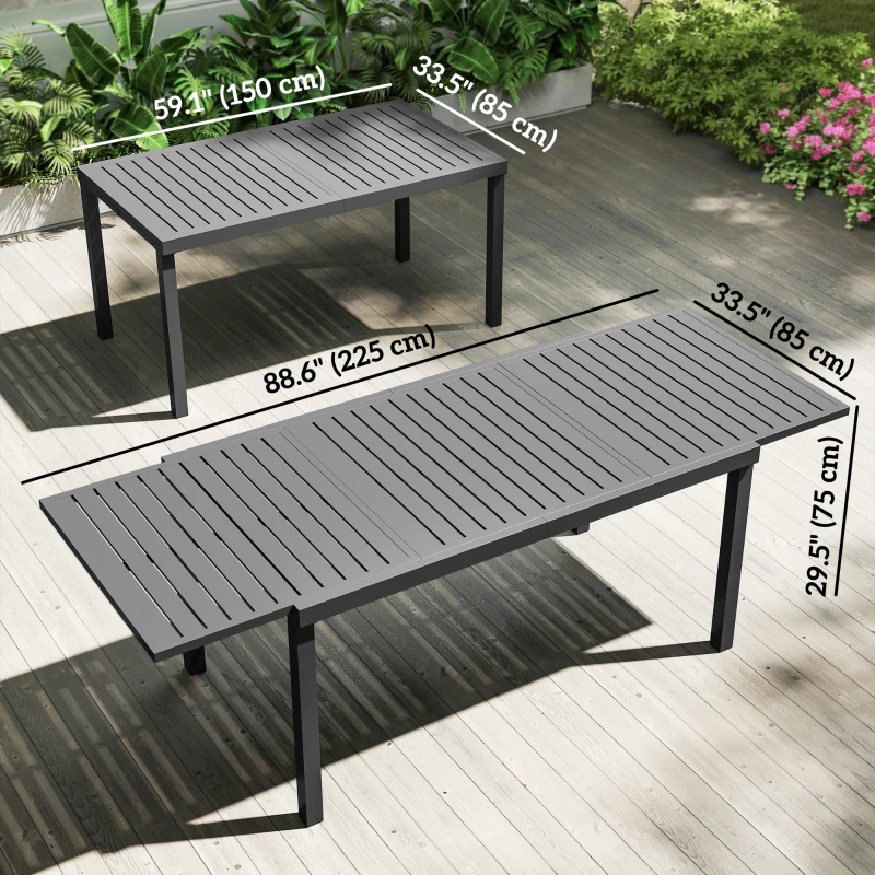 Outsunny Expandable Outdoor Dining Table for 6-8 People, 59"-89" Aluminum Patio Dining Table with Slatted Top, Dark Grey