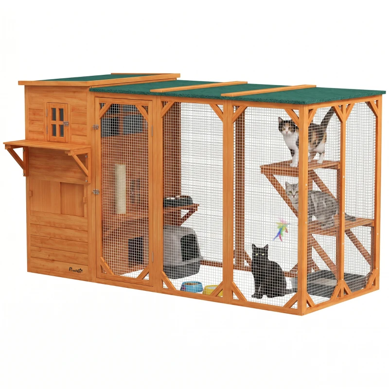 PawHut Wooden Cat Catio, 76"L Walk in Outdoor Cat House with Asphalt Roof, Platforms, Lockable Doors for 2-3 Cats, Orange