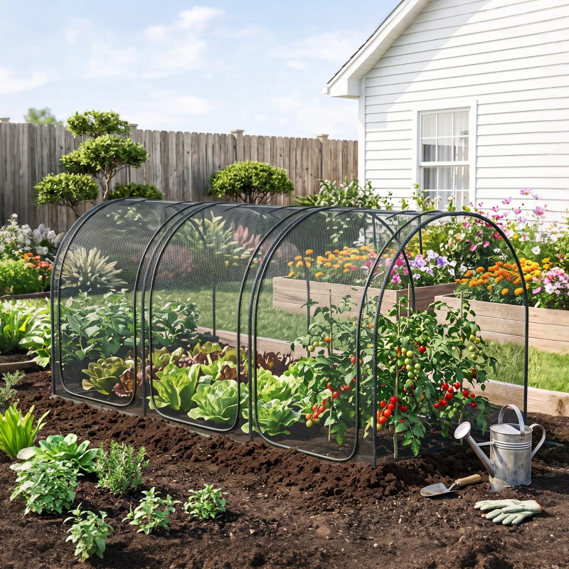 Outsunny 9' x 4' Crop Cage, Plant Protection Tent with Three Zippered Doors, Steel Frame, Storage Bag and 4 Ground Stakes, for Garden, Yard, Lawn, Black