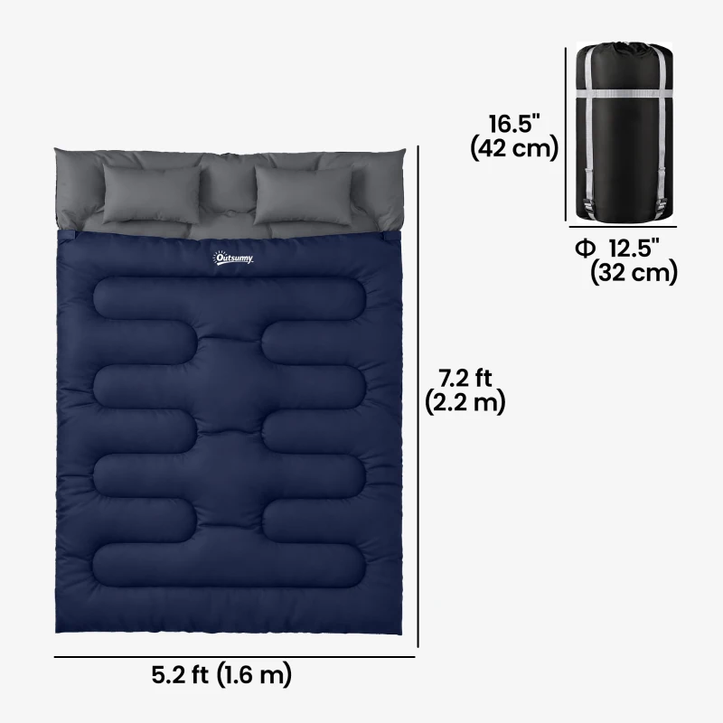 Outsunny Double Sleeping Bag for Adults, Queen Size 2 Person Sleeping Bag with 2 Pillows, for Cold Weather & Warm, Blue