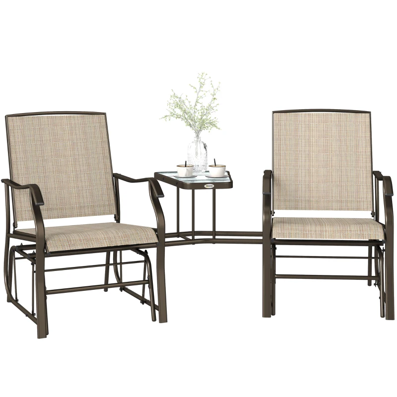 Outsunny Double Patio Glider Chair with Glass Top Center Table, Outdoor Glider Loveseat with High Back,  All Weather Breathable Mesh Fabric for Garden, Backyard, Deck, Light Brown
