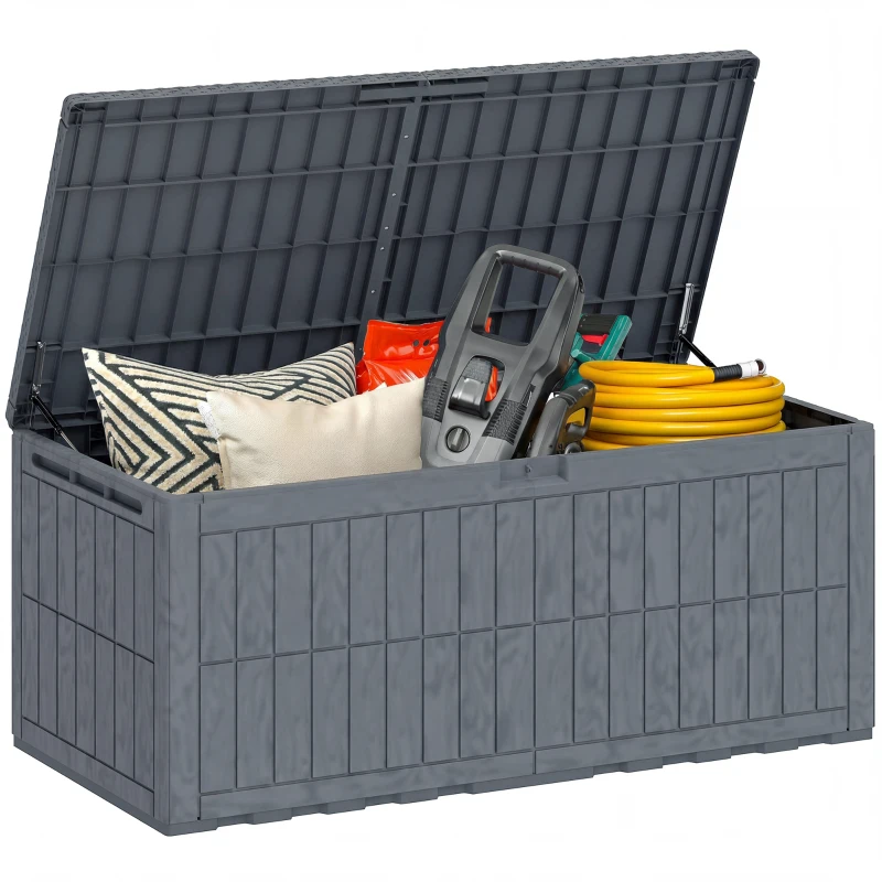 Outsunny 220 Gallon Resin Deck Box, Waterproof Lockable Outdoor Storage Box with Pneumatic Gas Rods, Side Handles
