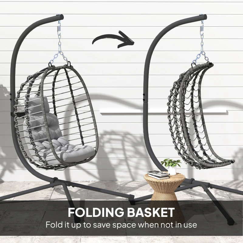 Outsunny Hanging Egg Chair with Stand, Foldable Wicker Rattan Swing Chair with Thick Cushion, Headrest, Light Grey