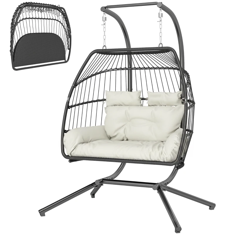 Outsunny Double Wicker Egg Swing Chair with Stand, Foldable Hanging Egg Chair with UV Resistant Cushion, Headrest, Cream White