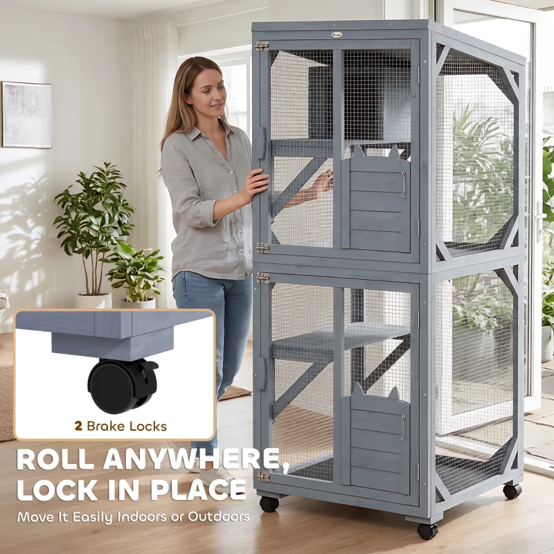PawHut Movable Catio Outdoor Cat Enclosure with Resting Box, 3 Jumping Platforms, Waterproof Asphalt Roof for Outdoor Indoor