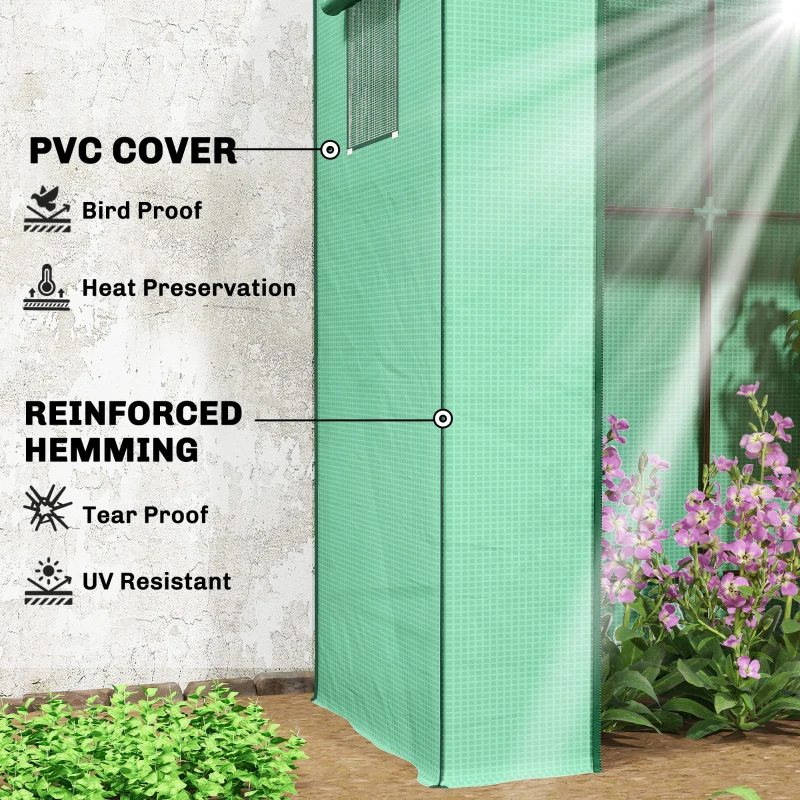 Outsunny Walk-in Tomato Greenhouse Lean-to Green House with Reinforced PE Cover, Roll-up Door, Mesh Windows, Green