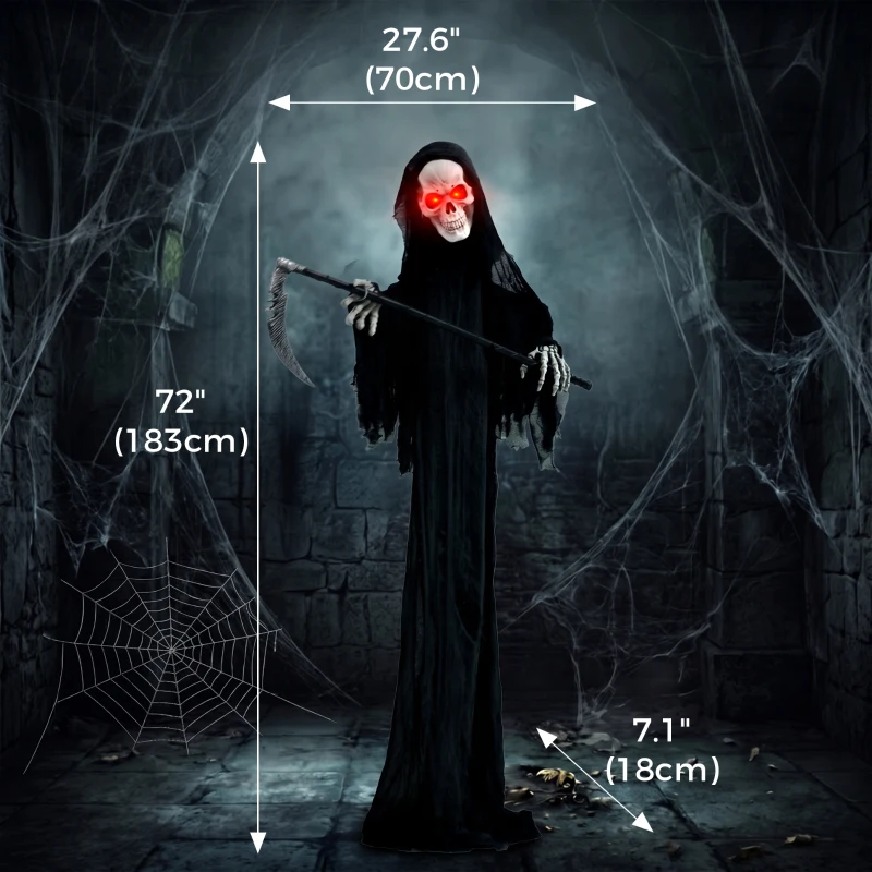 HOMCOM 6FT Life Size Halloween Animatronics, Animated Grim Reaper Halloween Decorations with Sound Touch Activated and LED Eyes