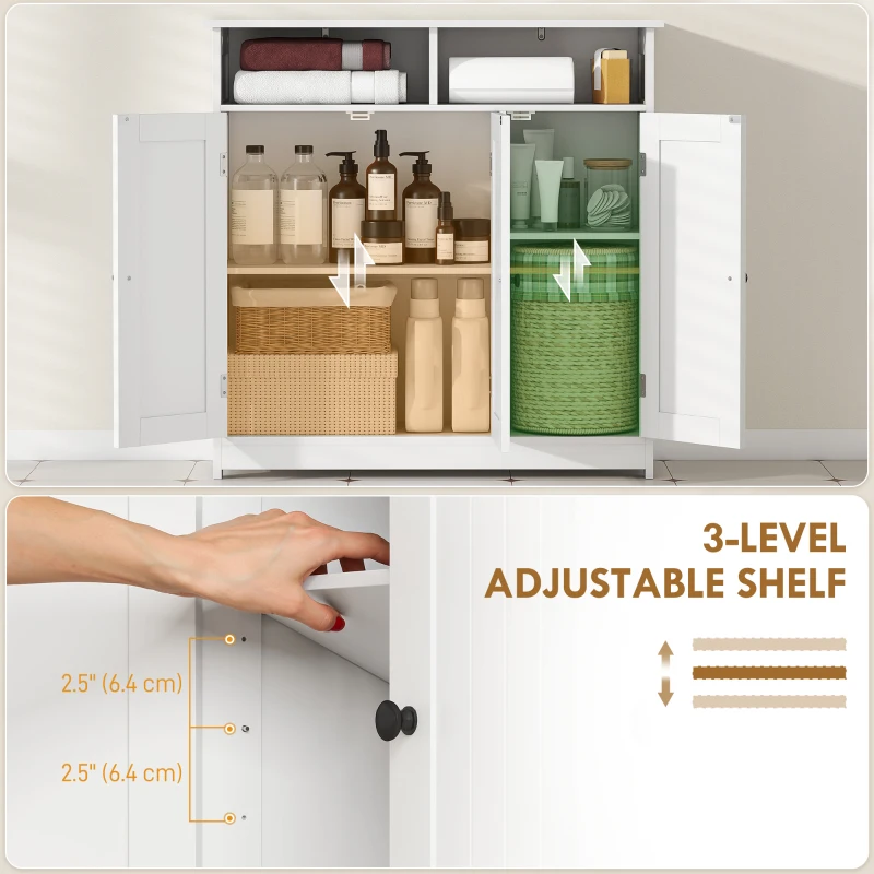 HOMCOM Bathroom Floor Cabinet, Freestanding Bathroom Storage Unit with 3 Doors, 2 Open Shelves and Adjustable Shelf, White