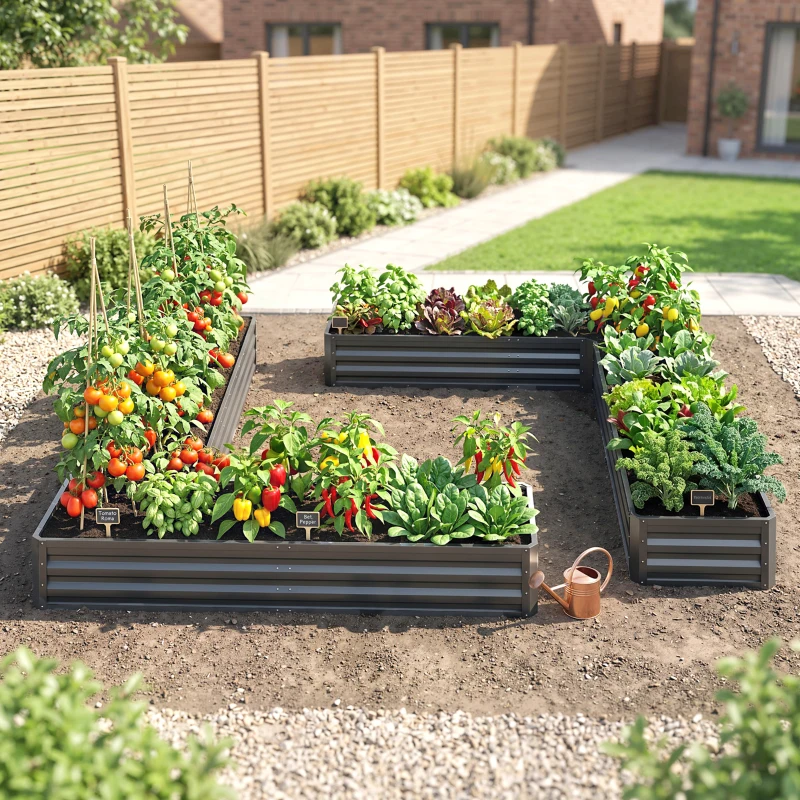 Outsunny L-Shaped Raised Garden Bed, 82" x 109" x 12" Galvanized Steel Planter Box with Multi-reinforced Rods for Vegetables, Flowers and Herbs, Dark Grey