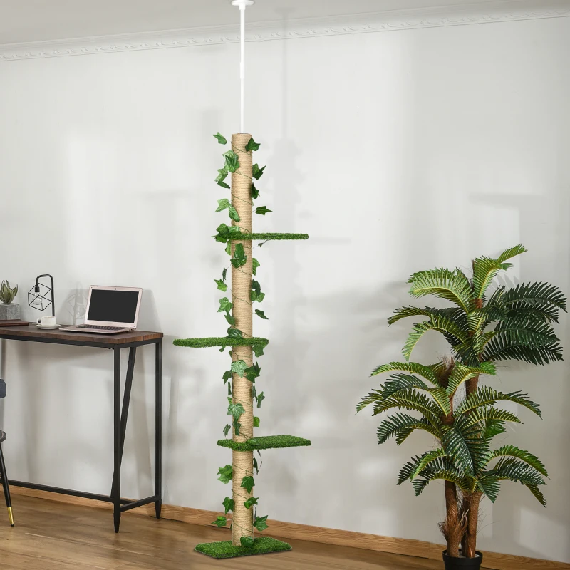 PawHut 4-Tier Floor to Ceiling Cat Tree, Height(80-95Inches)Adjustable, Tall Cat Tower w/ Anti-Slip Kit, Leaves, Multi-Layer Activity Centre w/ Scratching Post