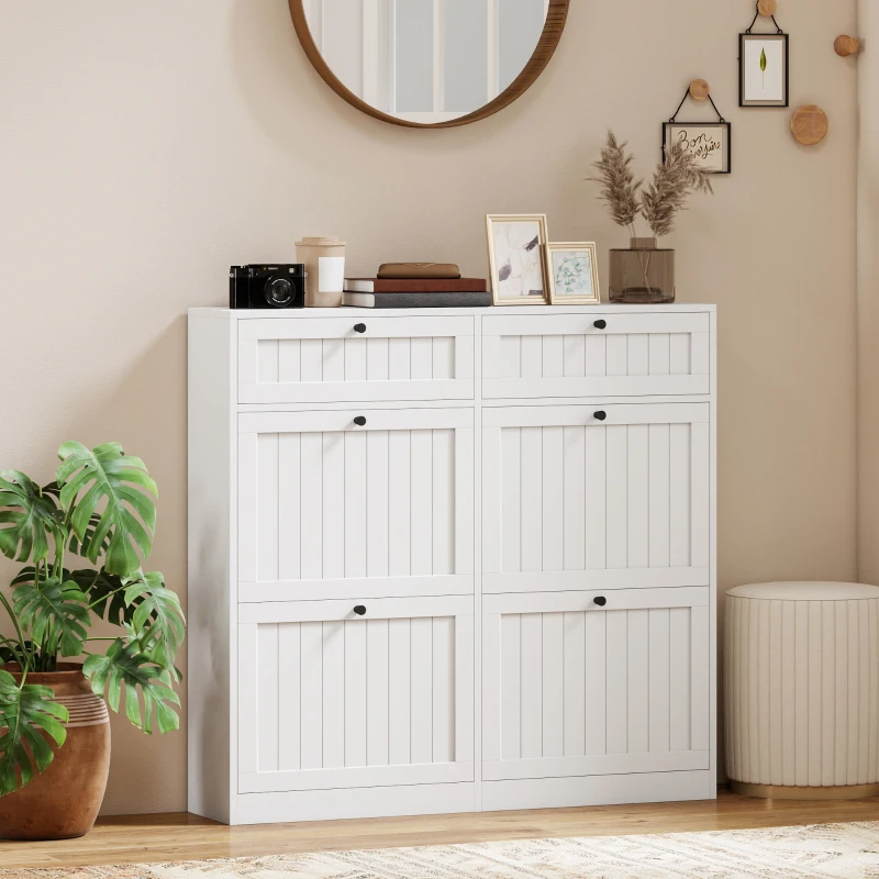 HOMCOM Shoe Cabinet with 2 Large Flip Drawers, Farmhouse Narrow Shoe Storage Cabinet with 2 Top Compartments, White