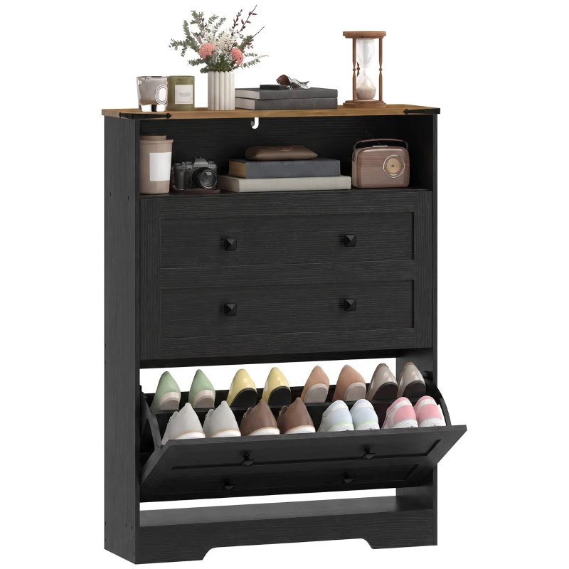 HOMCOM Shoe Cabinet with 2 Flip Drawers, Narrow Shoe Storage Cabinet, Black