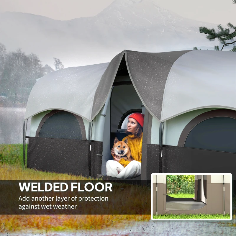 Outsunny 4 Person Camping Tent, 3 Room Cabin Tent, 3000mm Waterproof and UPF30+ with Sewn in Groundsheet and Carry Bag, Khaki