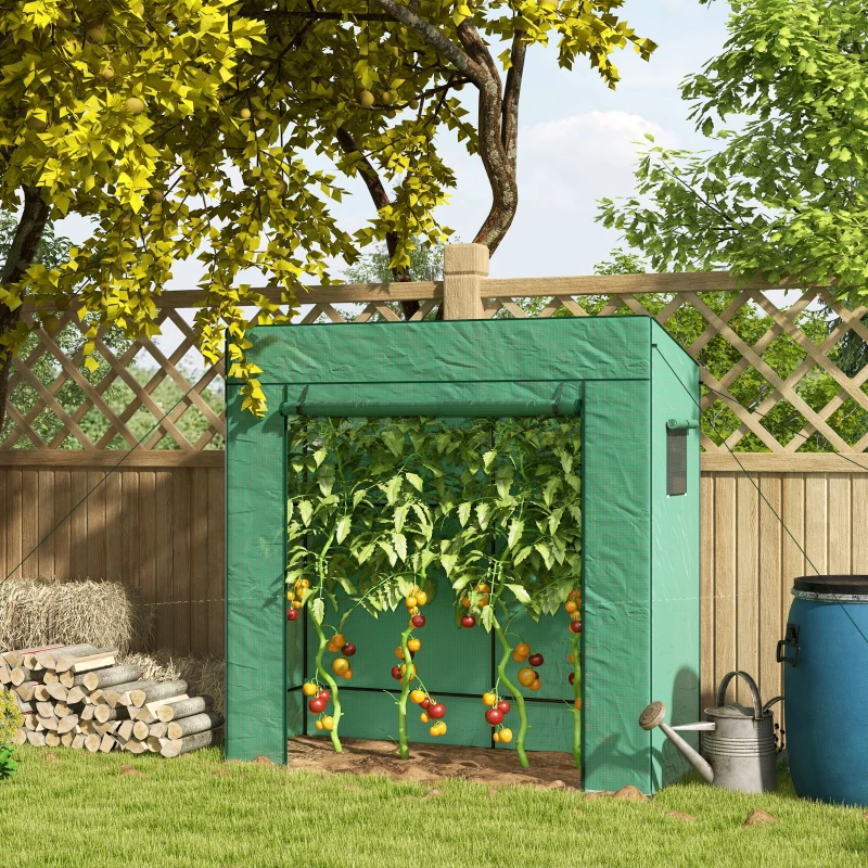 Outsunny Walk-in Tomato Greenhouse Lean-to Green House with Reinforced PE Cover, Roll-up Door, Mesh Windows, Green