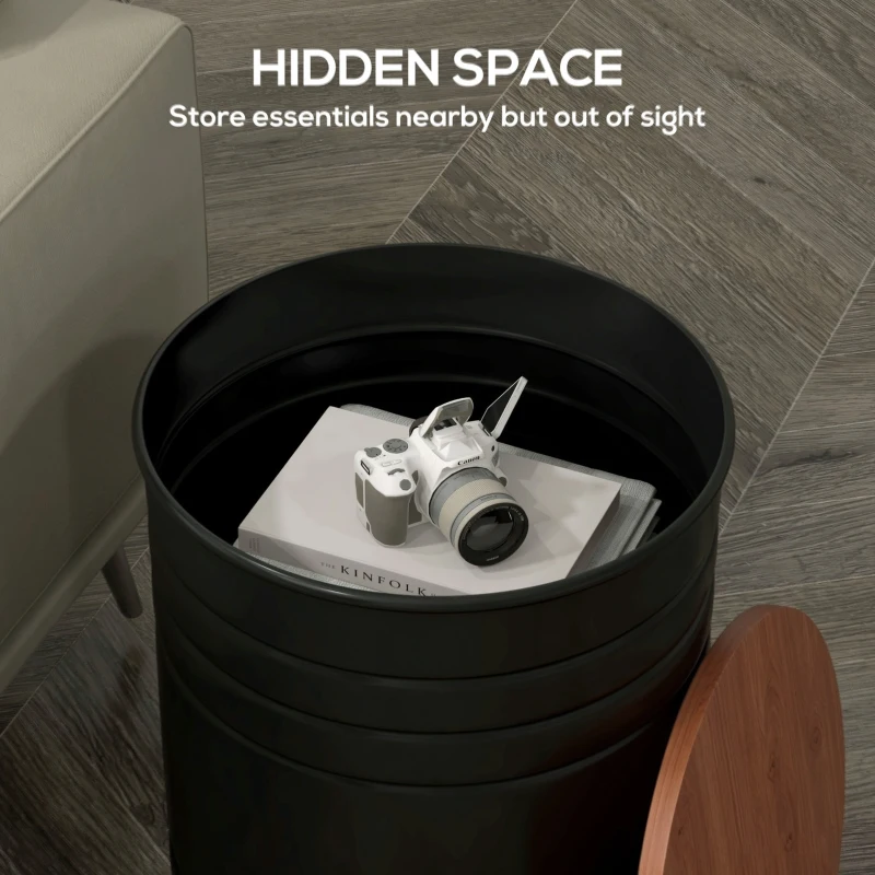 HOMCOM Round Side Table Set of 2, Nesting Coffee Tables w/ Wooden Lid, Metal Frame and Hidden Storage Space for Bedroom, Black