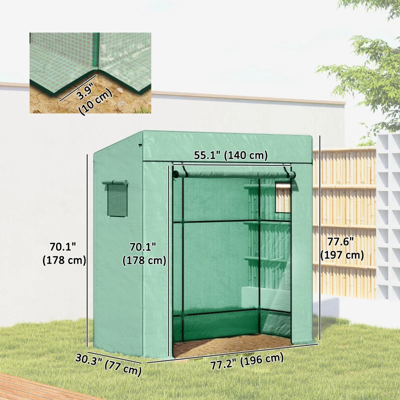 Outsunny Walk-in Tomato Greenhouse Lean-to Green House with Reinforced PE Cover, Roll-up Door, Mesh Windows, Green