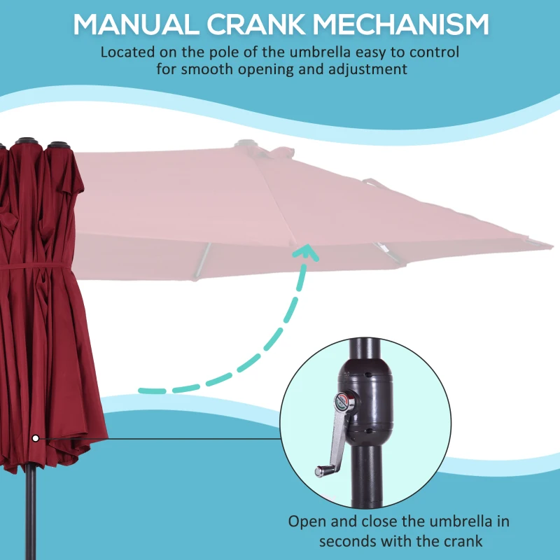Outsunny 15ft Double-sided Patio Umbrella with Twin Canopy, Extra Large Outdoor Parasol with Crank for Pool, Deck, Market, Wine Red