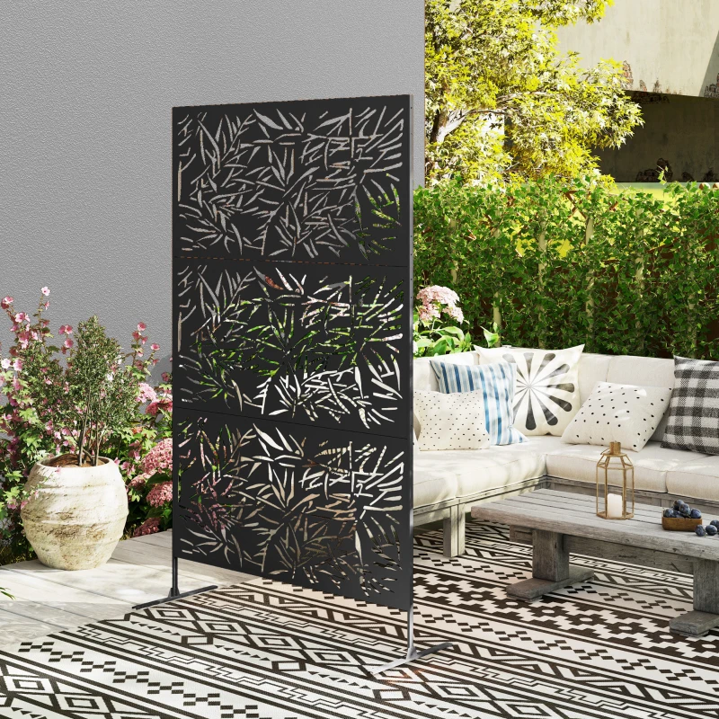Outsunny Metal Outdoor Privacy Screen, Freestanding Outdoor Divider with Stand, Decorative Privacy Panel, 78" x 48", Black