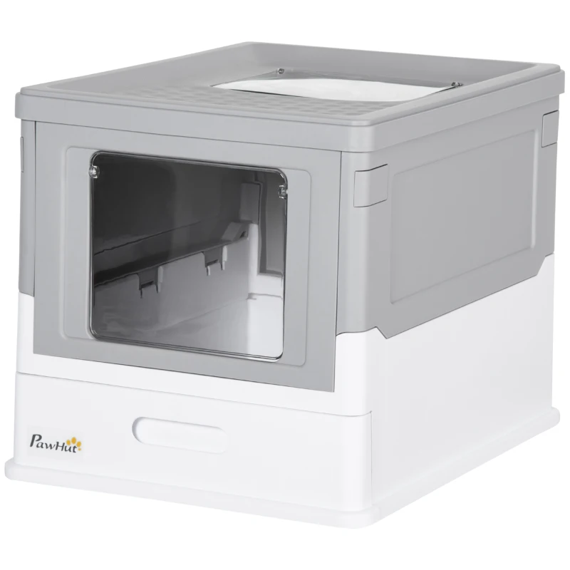 PawHut Top Entry Enclosed Kitty Litter Box with Scoop, Tray, Front Entry, Large Space, Foldable, Portable, Grey