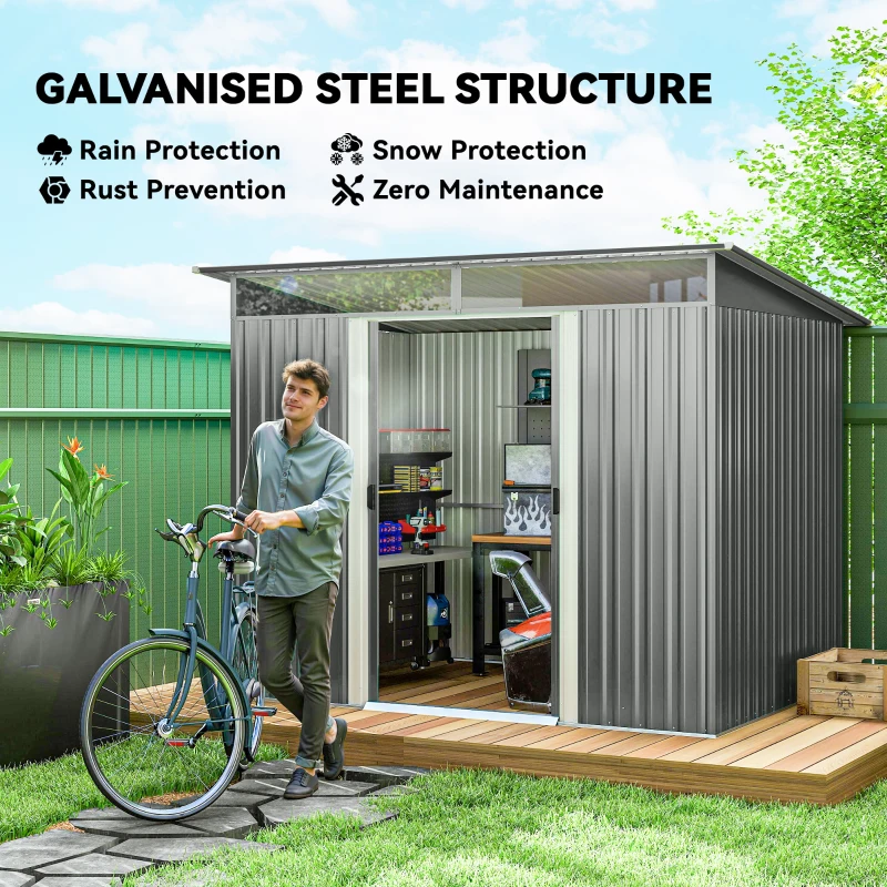 Outsunny 9' x 6.5' Outdoor Metal Garden Shed Utility Tool Storage Steel Backyard Storage House, Light Grey