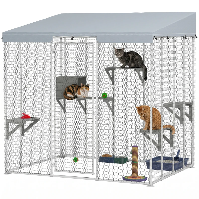 PawHut 79" L Galvanized Steel Catio Outdoor Cat Enclosure w/ 420D Waterproof Canopy, Multiple Platforms, Resting Condo, Silver
