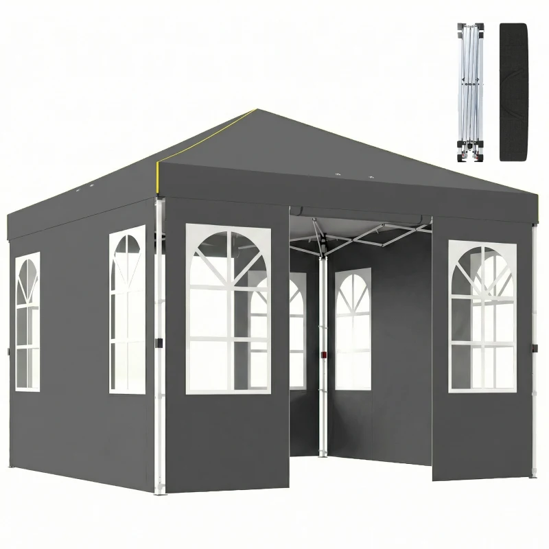 Outsunny 9.6 x 9.6 ft Pop Up Canopy Tent with 4 Sidewalls, UPF 50+ 1-Button Push Easy Setup Outdoor Instant Canopy, Dark Grey