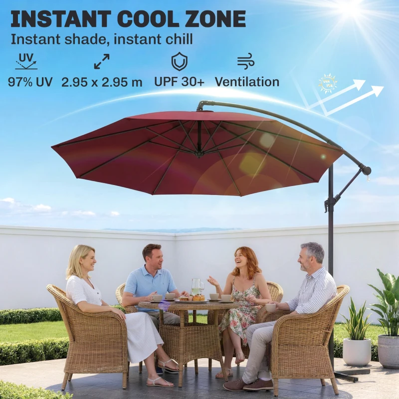 Outsunny 10' Deluxe Patio Umbrella, Outdoor Market Parasol, Banana Hanging Offset Sunshade with Crank, Cross Base, Wine Red