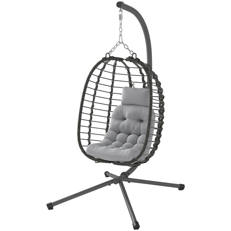 Outsunny Hanging Egg Chair with Stand, Foldable Wicker Rattan Swing Chair with Thick Cushion, Headrest, Light Grey