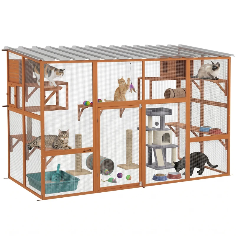 PawHut Large Outdoor Catio with 2 Condos, Jumping Platforms, Waterproof Roof, Orange
