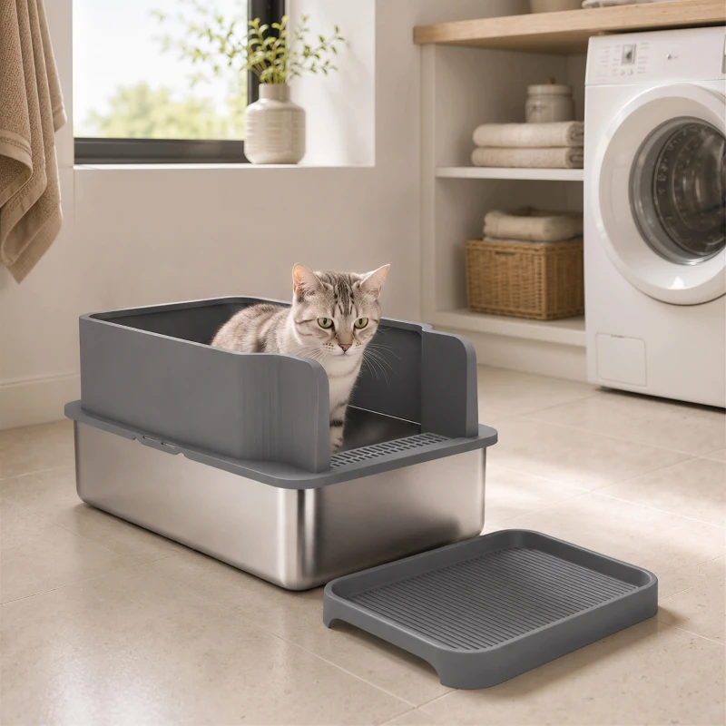 PawHut Stainless Steel Sifting Litter Box for Pine Pellets, Large Metal Litter Box with Sifter Tray, Metal Scoop, 10 Pee Pads