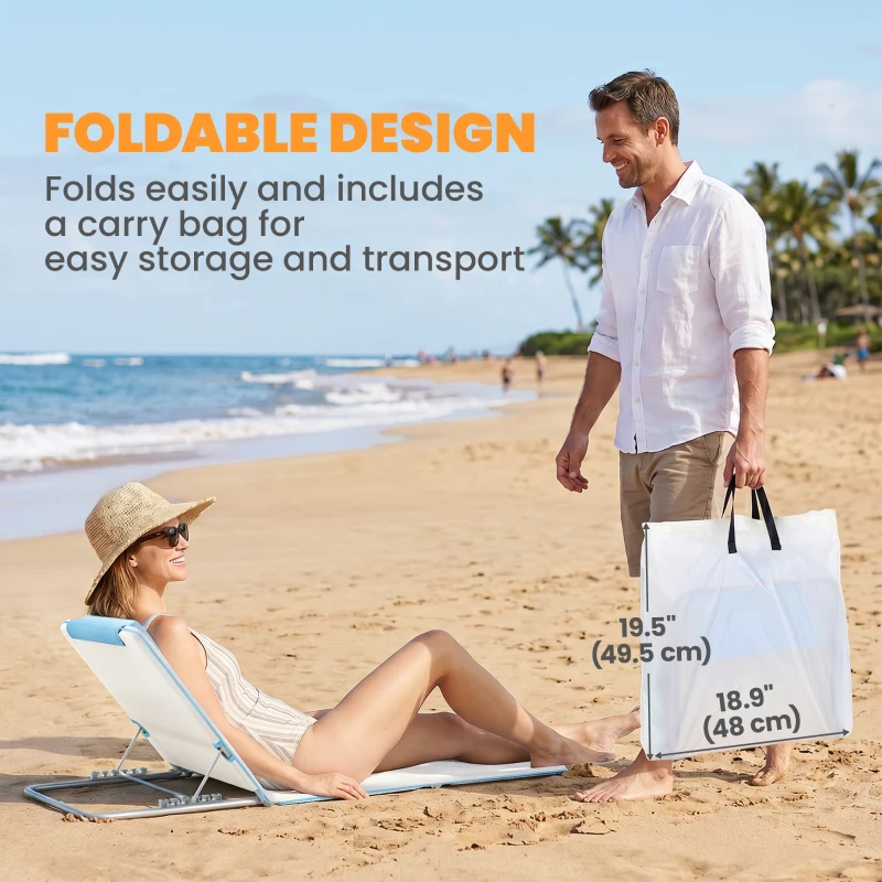 Outsunny 2 Pieces Beach Lounge Chair, Outdoor Folding Chaise Lounge Set w/ Pillow for Sunbath, Snap, Beige
