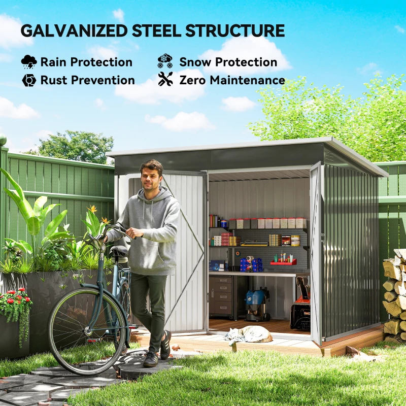 Outsunny 8.5' x 6' Galvanised Steel Outdoor Storage Shed, Garden Shed with Window, Lockable Wide Doors and Air Vents, Grey