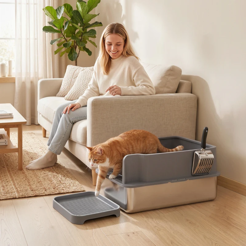 PawHut Stainless Steel Sifting Litter Box for Pine Pellets, Large Metal Litter Box with Sifter Tray, Metal Scoop, 10 Pee Pads