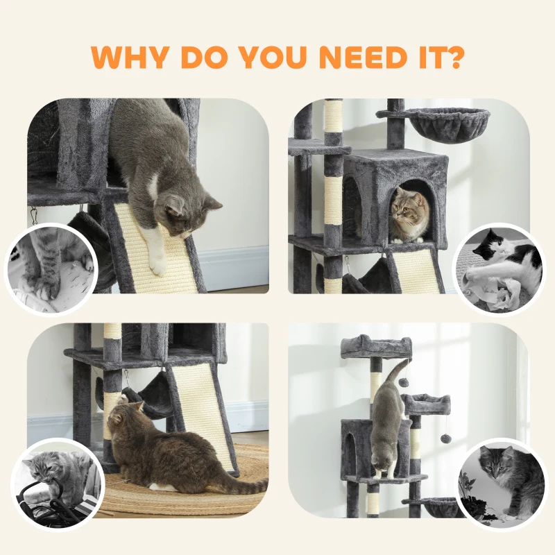 PawHut Cat Tree, 70" Multi-Level Cat Tower with 2 Condos, 2 Perches, Hammock, Toy Balls, Scratching Posts and Board, Dark Grey