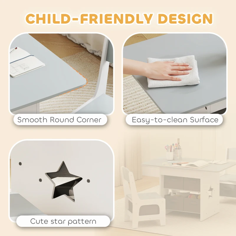 Qaba 3 Piece Kids Table and Chair Set with 6 Removable Drawers, for Classroom, Living Room, Bedroom, Nursery, Light Grey