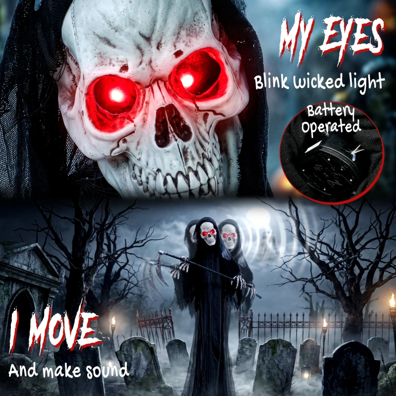 HOMCOM 6FT Life Size Halloween Animatronics, Animated Grim Reaper Halloween Decorations with Sound Touch Activated and LED Eyes