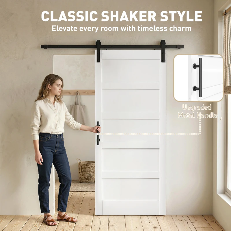 HOMCOM 36"x84" Sliding Barn Door with Hardware Kit, Shaker Style Sliding Door with Handle, Track, Floor Guide, White Wood Grain