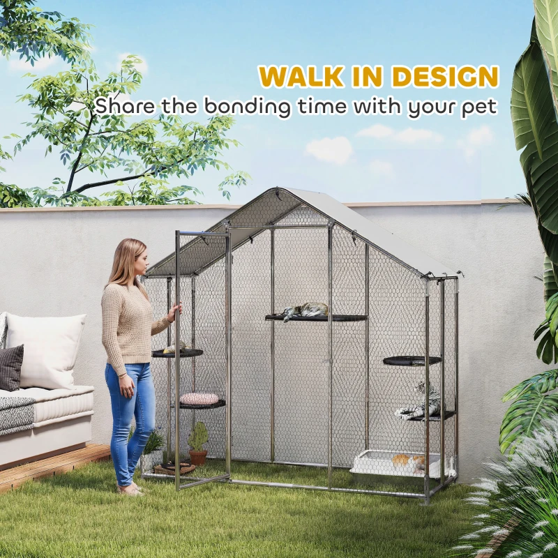 PawHut Large Catio Outdoor Cat Enclosure with Waterproof Cover, Walk-in Cat Patio w/ 5 Adjustable Platforms & Hammock 79" W