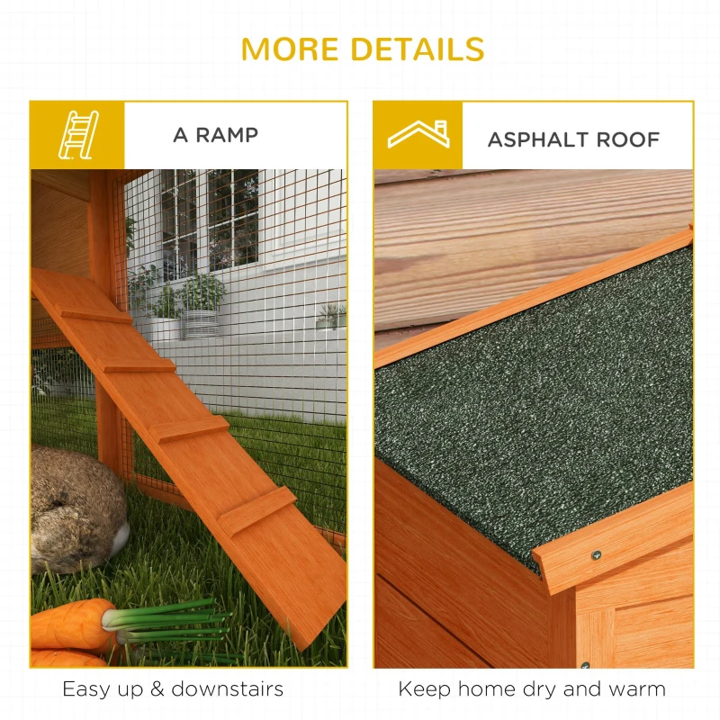 PawHut Two-Level Rabbit Hutch Small Animal House Pet Bunny Cage Home w/ Outdoor Run Water & UV Resistant Roof Access Ramp