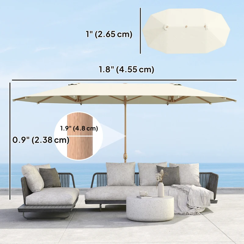 Outsunny Double Garden Parasol 179.1"W x 104.3"D with Crank, 12 Steel Ribs & 180g/㎡ Polyester, UV30+ Protection, Beige