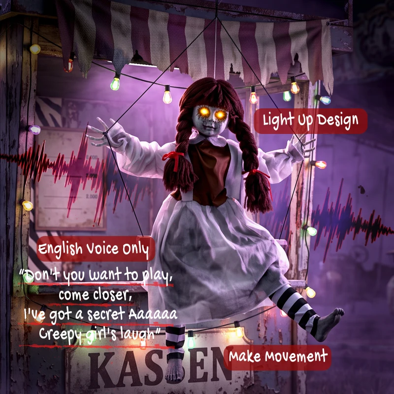 HOMCOM Halloween Animated Hanging Creepy Girl on Swing Decoration, Light-Up Eyes, Sound and Touch Activated